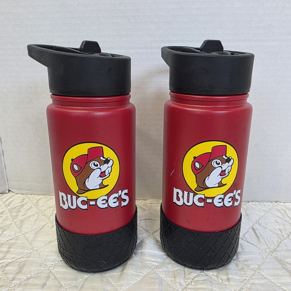 2x Buc-Ees Red Stainless Steel Insulated 16Oz Water Bottle Flip Top Straw Lid